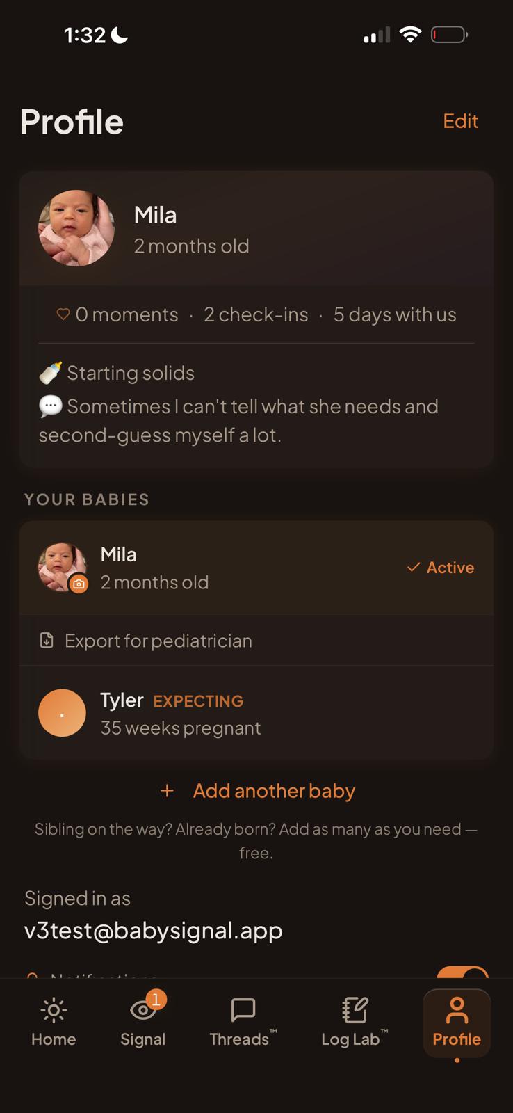 LogLab profile and multiple babies view