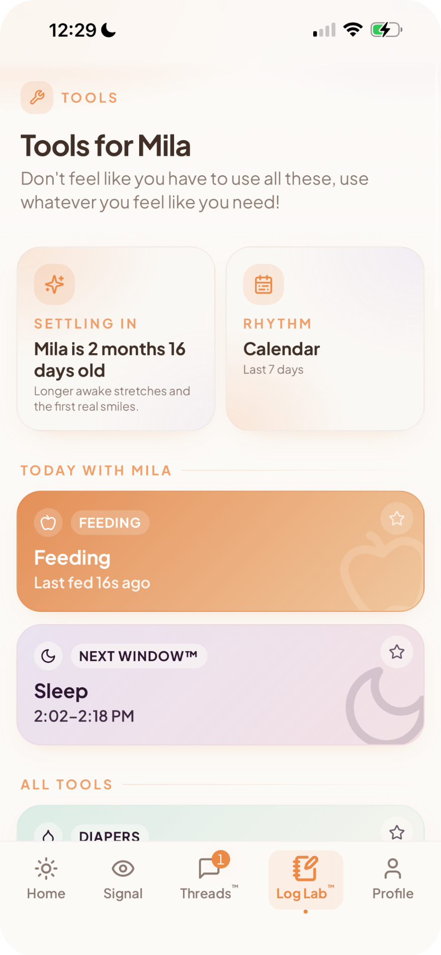 LogLab tracking home screen